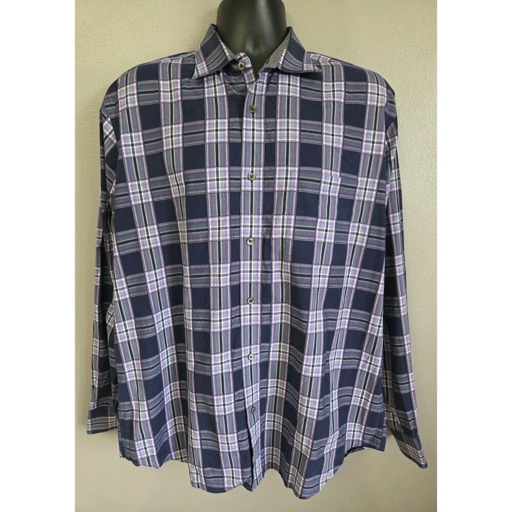 Bugatchi | Size L | Classic Fit Long Sleeve Plaid Shirt Cotton Navy Purple Men's